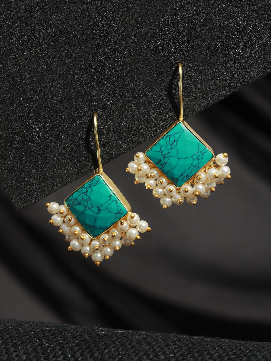 Gold Plated Turquoise Blue & Pearl Beaded Hoop Earrings